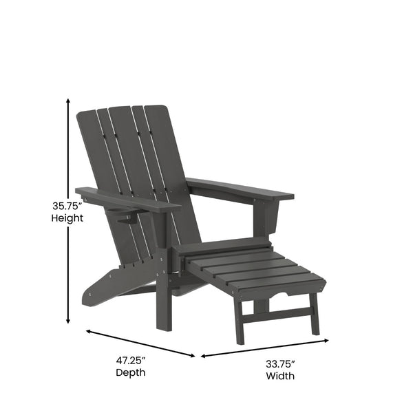 English Elm Halifax HDPE Adirondack Chair with Pull-Out Ottoman & Cup Holder for Year-Round Indoor/Outdoor Use Gray LE-HMP-1045-110-GY-GG