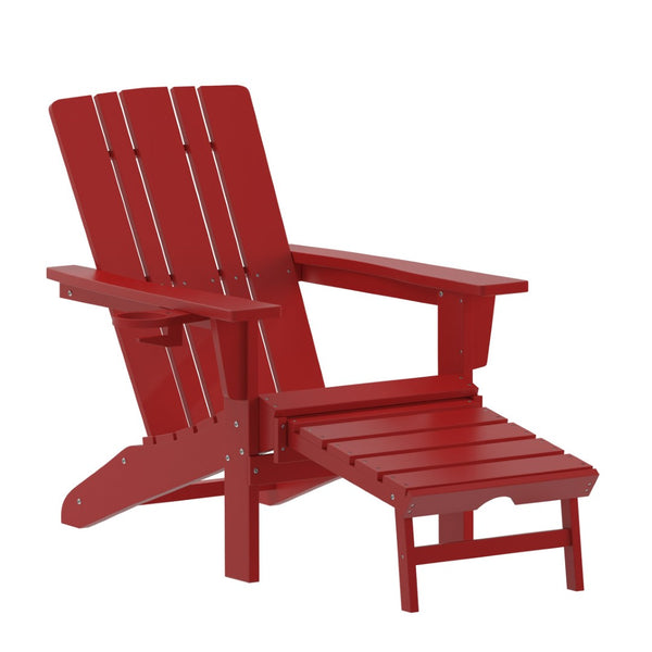 English Elm Halifax HDPE Adirondack Chair with Pull-Out Ottoman & Cup Holder for Year-Round Indoor/Outdoor Use Red LE-HMP-1045-110-RD-GG
