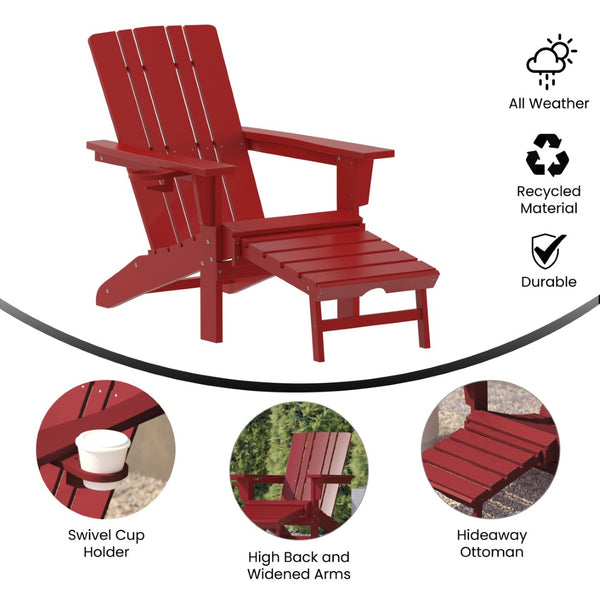 English Elm Halifax HDPE Adirondack Chair with Pull-Out Ottoman & Cup Holder for Year-Round Indoor/Outdoor Use Red LE-HMP-1045-110-RD-GG