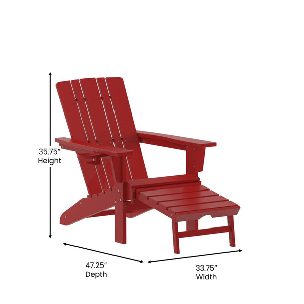 English Elm Halifax HDPE Adirondack Chair with Pull-Out Ottoman & Cup Holder for Year-Round Indoor/Outdoor Use Red LE-HMP-1045-110-RD-GG