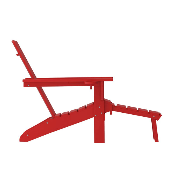 English Elm Halifax HDPE Adirondack Chair with Pull-Out Ottoman & Cup Holder for Year-Round Indoor/Outdoor Use Red LE-HMP-1045-110-RD-GG