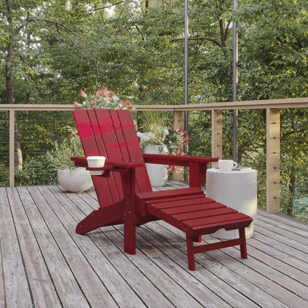 English Elm Halifax HDPE Adirondack Chair with Pull-Out Ottoman & Cup Holder for Year-Round Indoor/Outdoor Use Red LE-HMP-1045-110-RD-GG