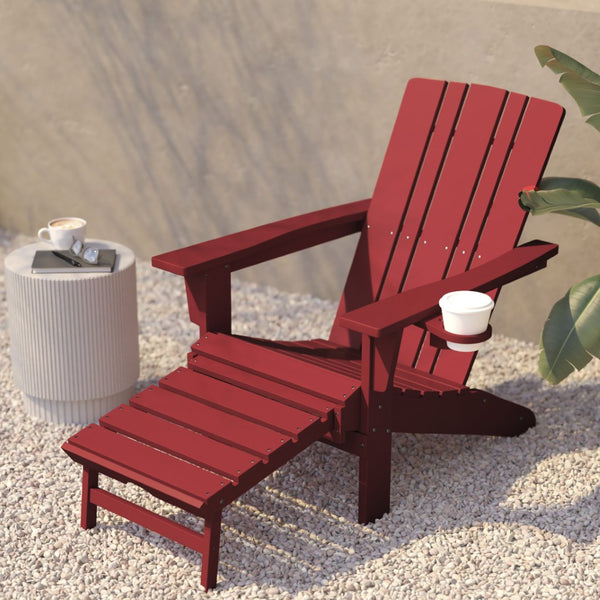 English Elm Halifax HDPE Adirondack Chair with Pull-Out Ottoman & Cup Holder for Year-Round Indoor/Outdoor Use Red LE-HMP-1045-110-RD-GG
