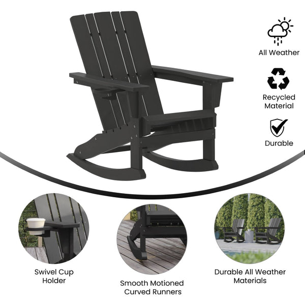 English Elm Halifax Adirondack Rocking Chair - Weather-Resistant Comfort with Integrated Cup Holder for Relaxation Black LE-HMP-1045-31-BK-GG