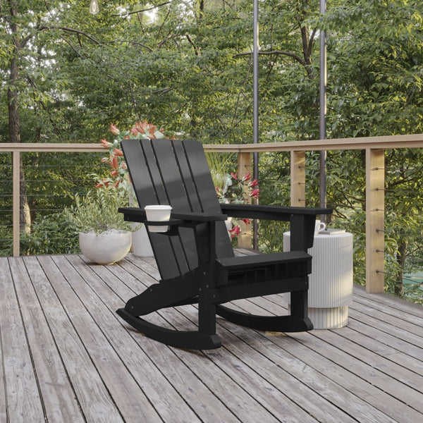 English Elm Halifax Adirondack Rocking Chair - Weather-Resistant Comfort with Integrated Cup Holder for Relaxation Black LE-HMP-1045-31-BK-GG
