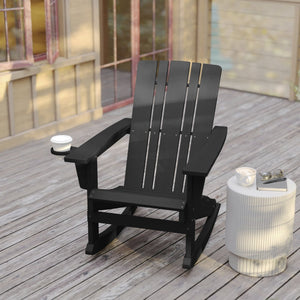 English Elm Halifax Adirondack Rocking Chair - Weather-Resistant Comfort with Integrated Cup Holder for Relaxation Black LE-HMP-1045-31-BK-GG