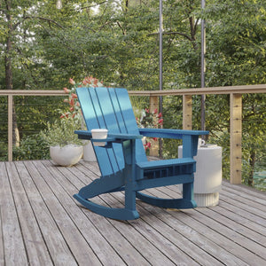 English Elm Halifax Adirondack Rocking Chair - Weather-Resistant Comfort with Integrated Cup Holder for Relaxation Blue LE-HMP-1045-31-BL-GG