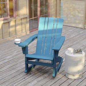 English Elm Halifax Adirondack Rocking Chair - Weather-Resistant Comfort with Integrated Cup Holder for Relaxation Blue LE-HMP-1045-31-BL-GG