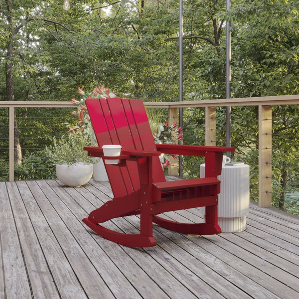 English Elm Halifax Adirondack Rocking Chair - Weather-Resistant Comfort with Integrated Cup Holder for Relaxation Red LE-HMP-1045-31-RD-GG