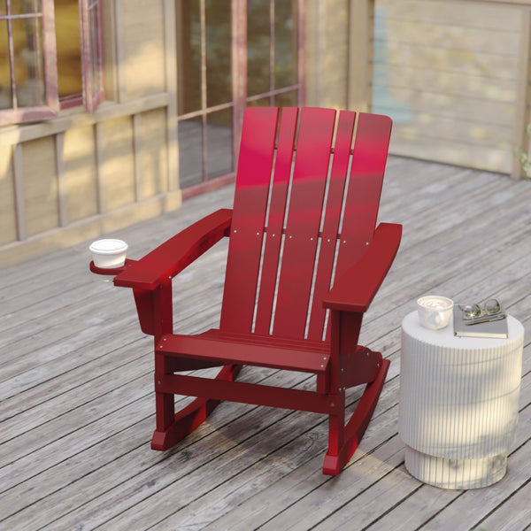 English Elm Halifax Adirondack Rocking Chair - Weather-Resistant Comfort with Integrated Cup Holder for Relaxation Red LE-HMP-1045-31-RD-GG