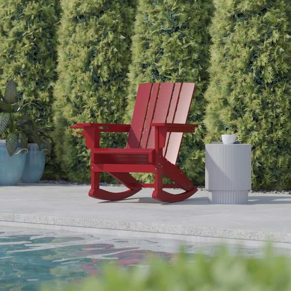 English Elm Halifax Adirondack Rocking Chair - Weather-Resistant Comfort with Integrated Cup Holder for Relaxation Red LE-HMP-1045-31-RD-GG