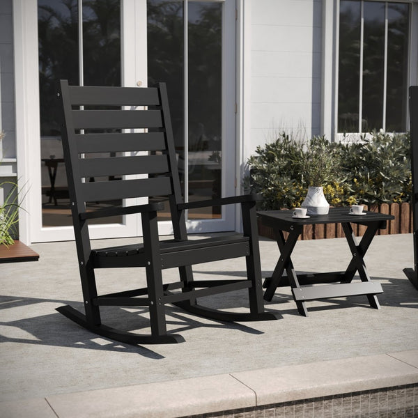 English Elm Manchester Commercial Grade 3-Piece Indoor/Outdoor Set with Durable Rocking Chairs & Table Black LE-HMP-2002-2-T1620H-BK-GG