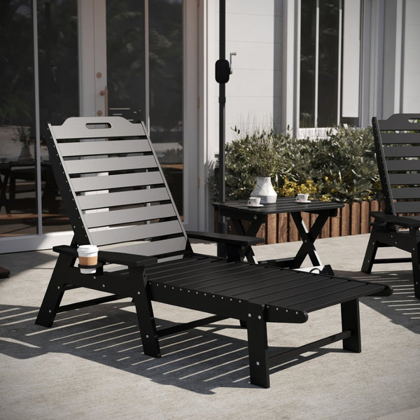 English Elm Monterey Commercial Grade 3-Piece Adirondack Set with Adjustable Loungers and Folding Side Table Black LE-HMP-2017-2-T1620H-BK-GG