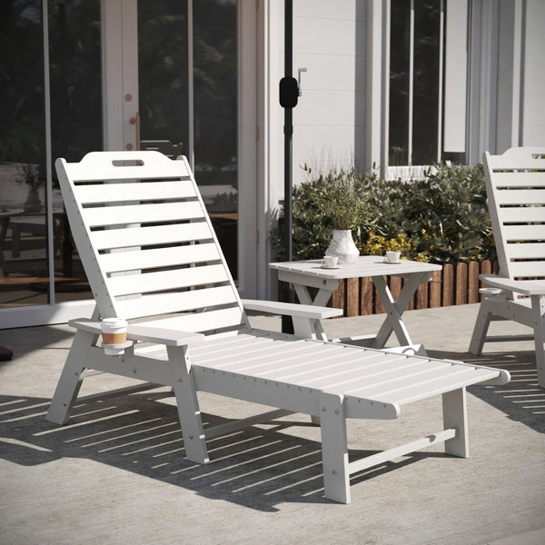 English Elm Monterey Commercial Grade 3-Piece Adirondack Set with Adjustable Loungers and Folding Side Table White LE-HMP-2017-2-T1620H-WT-GG