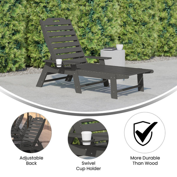 English Elm Monterey Adjustable Adirondack Lounger – Ergonomic All-Weather Lounge Chair with Cup Holder Comfort Gray LE-HMP-2017-414-GY-GG