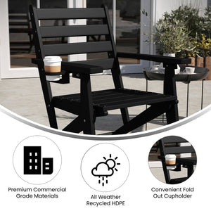 English Elm Tolleson Commercial Grade Adirondack Dining Chair with Cup Holder - Durable, Weather-Resistant Design Black LE-HMP-2037-10-BLK-GG