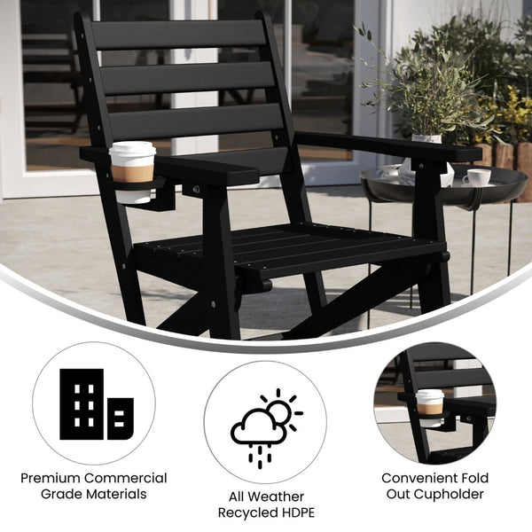 English Elm Tolleson Commercial Grade Adirondack Dining Chair with Cup Holder - Durable, Weather-Resistant Design Black LE-HMP-2037-10-BLK-GG