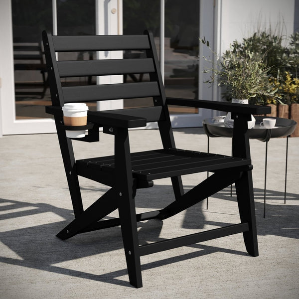 English Elm Tolleson Commercial Grade Adirondack Dining Chair with Cup Holder - Durable, Weather-Resistant Design Black LE-HMP-2037-10-BLK-GG