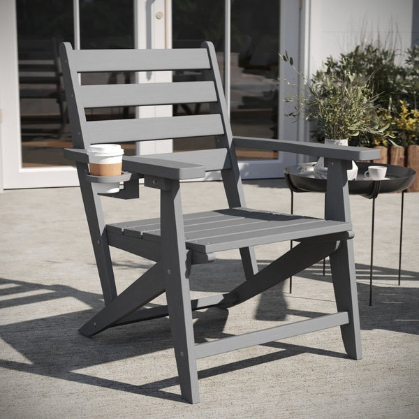 English Elm Tolleson Commercial Grade Adirondack Dining Chair with Cup Holder - Durable, Weather-Resistant Design Gray LE-HMP-2037-10-GRY-GG