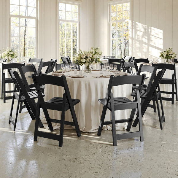 English Elm HERCULES Commercial Lightweight Wood-Look Resin Folding Event Chair for Indoor/Outdoor Use Black LE-L-1-BK-SLAT-GG