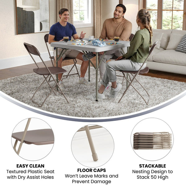 English Elm Hercules Series Plastic Folding Chair Set - Durable, Comfortable 650LB Capacity for Events & Gatherings Brown 2-LE-L-3-BROWN-GG