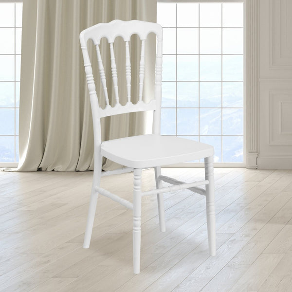 English Elm HERCULES Series Resin Stacking Napoleon Chair – Elegant, Durable Seating for Events and Gatherings White LE-L-MON-WH-GG