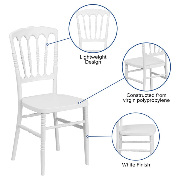 English Elm HERCULES Series Resin Stacking Napoleon Chair – Elegant, Durable Seating for Events and Gatherings White LE-L-MON-WH-GG
