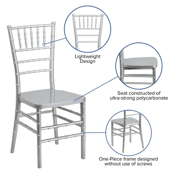 English Elm HERCULES Premium Stacking Chiavari Chair - Elegant Resin Seating for Weddings, Events & Rentals Silver LE-SILVER-GG