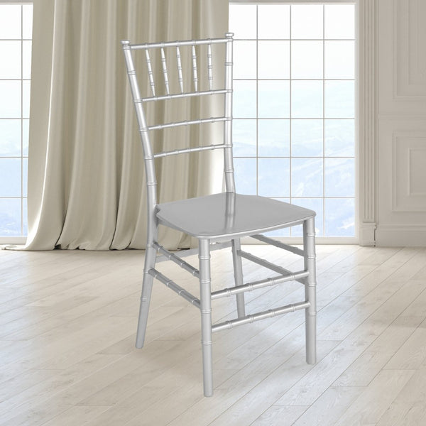 English Elm HERCULES Series Stacking Chiavari Chair - Elegant, Durable Seating for Events with Compact Storage Options Silver LE-SILVER-M-GG