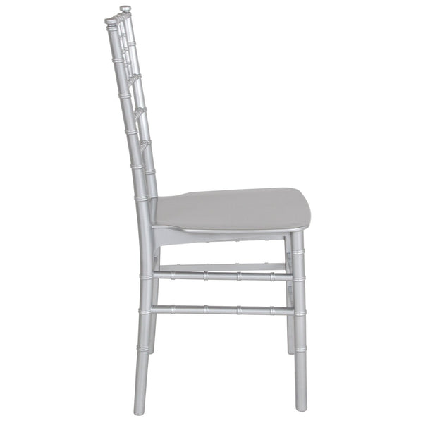 English Elm HERCULES Series Stacking Chiavari Chair - Elegant, Durable Seating for Events with Compact Storage Options Silver LE-SILVER-M-GG