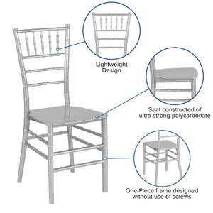 English Elm HERCULES Series Stacking Chiavari Chair - Elegant, Durable Seating for Events with Compact Storage Options Silver LE-SILVER-M-GG