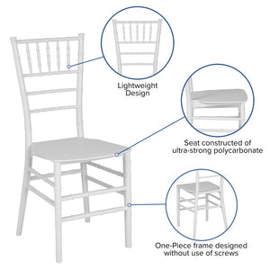 English Elm HERCULES Series Stacking Chiavari Chair - Elegant, Durable Seating for Events with Compact Storage Options White LE-WHITE-M-GG