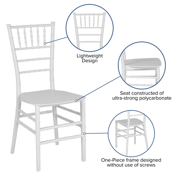 English Elm HERCULES Series Stacking Chiavari Chair - Elegant, Durable Seating for Events with Compact Storage Options White LE-WHITE-M-GG