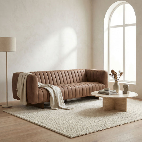 Khann Artisan Leather Sofa with Solid Wood Base for Modern Living Rooms