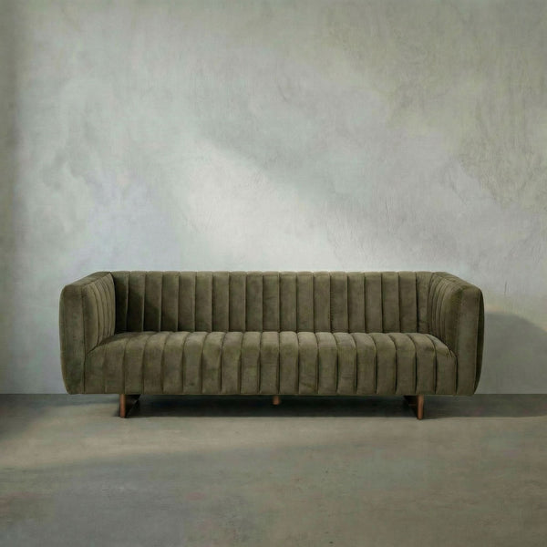 Khann Velvet Sofa Olive Performance Upholstery Solid Wood Legs Living Room Seating