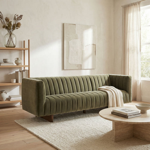 Khann Velvet Sofa Olive Performance Upholstery Solid Wood Legs Living Room Seating