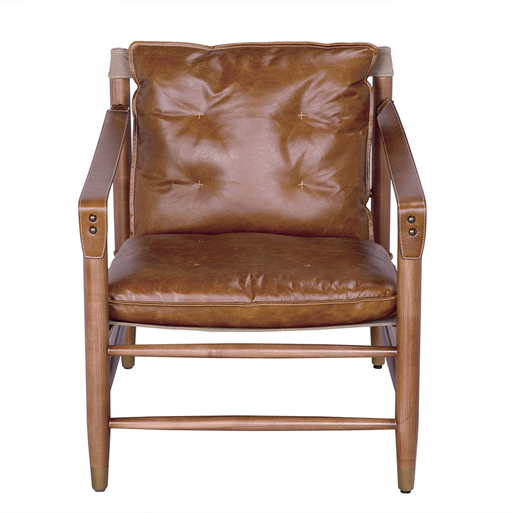 Noir Luther Leather Accent Chair with Brass Hardware and Walnut Frame for Study or Living Room LEA-C001BR