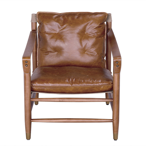 Noir Luther Leather Accent Chair with Brass Hardware and Walnut Frame for Study or Living Room LEA-C001BR