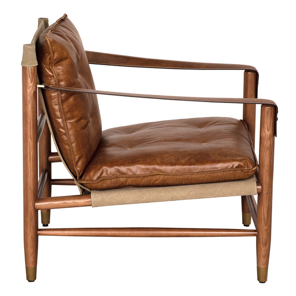 Luther Leather Accent Chair with Brass Hardware and Walnut Frame for Study or Living Room