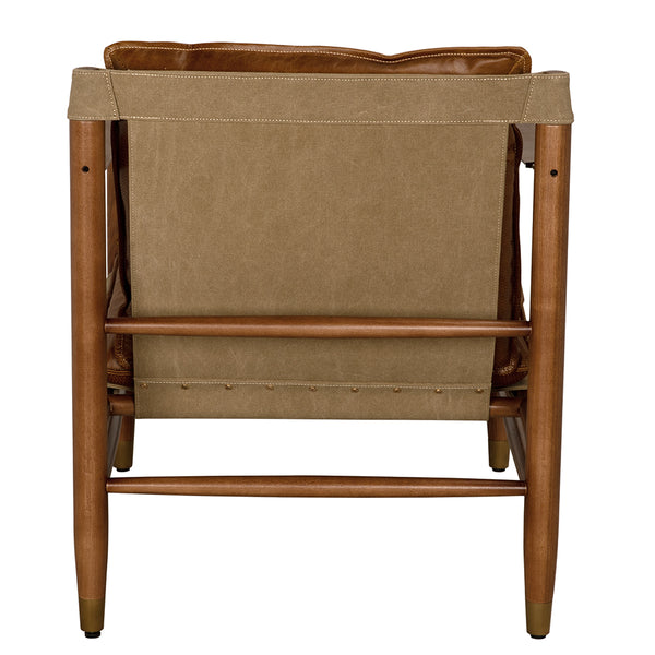 Luther Leather Accent Chair with Brass Hardware and Walnut Frame for Study or Living Room