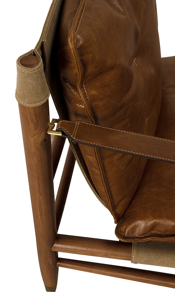 Luther Leather Accent Chair with Brass Hardware and Walnut Frame for Study or Living Room