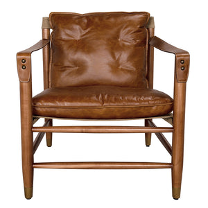 Luther Leather Accent Chair with Brass Hardware and Walnut Frame for Study or Living Room
