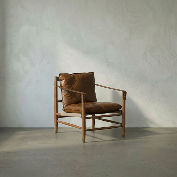 Luther Leather Accent Chair with Brass Hardware and Walnut Frame for Study or Living Room