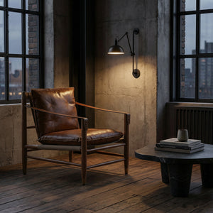 Luther Leather Accent Chair with Brass Hardware and Walnut Frame for Study or Living Room