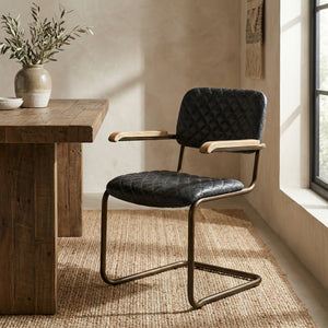 0045 Quilted Leather Dining Arm Chair with Walnut Accents for Upscale Interiors