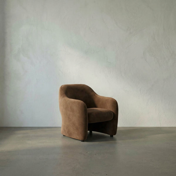 Marx Sculptural Velvet Armchair with Wood Legs for Modern Living Rooms and Lounge