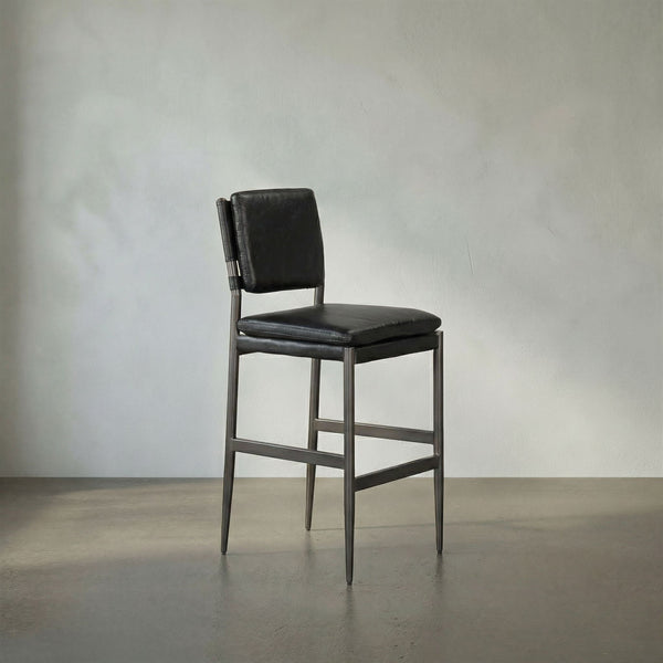 Wooster Leather Bar Chair Sculpted Seat Steel Frame for Kitchen Island or Home Bar