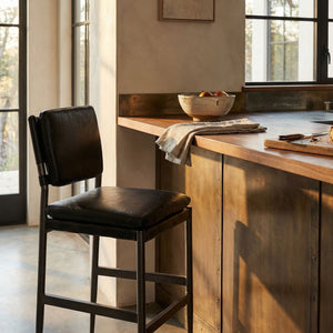 Wooster Leather Bar Chair Sculpted Seat Steel Frame for Kitchen Island or Home Bar