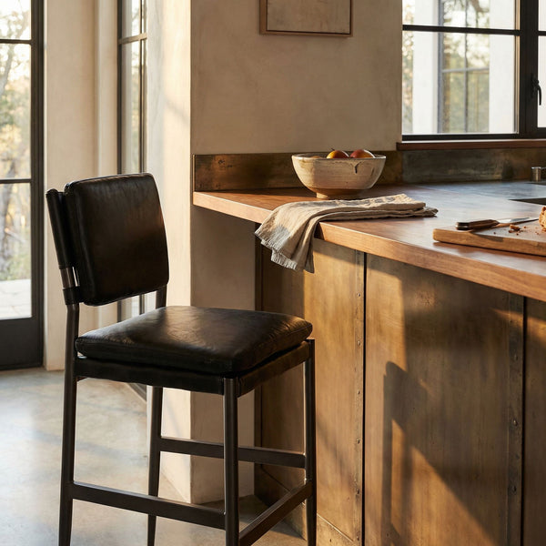 Wooster Leather Bar Chair Sculpted Seat Steel Frame for Kitchen Island or Home Bar