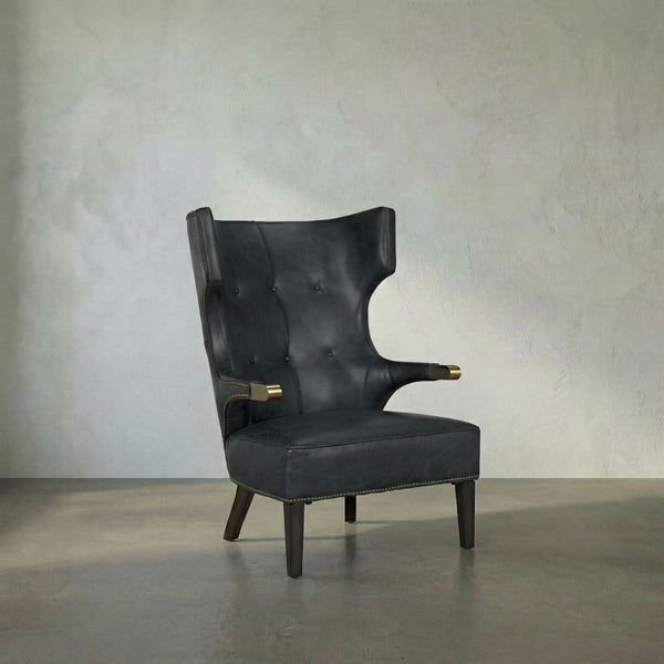 Heracles Leather Accent Chair with Walnut Base and Antique Brass Hardware for Living Room